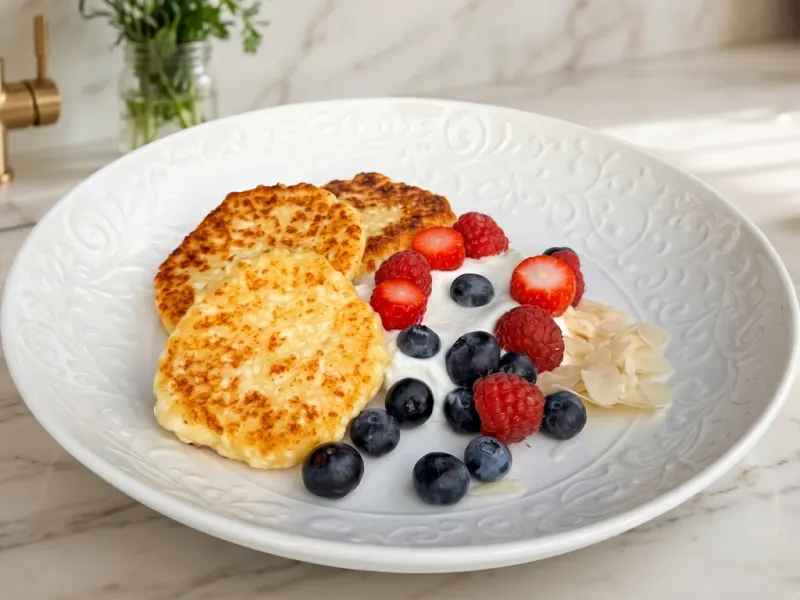 Homemade Syrniki with Grainy Cottage Cheese and Yogurt