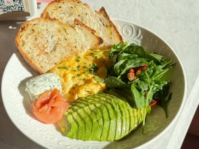 Scrambled Eggs with Salmon, Avocado Salad & Sourdough Bread